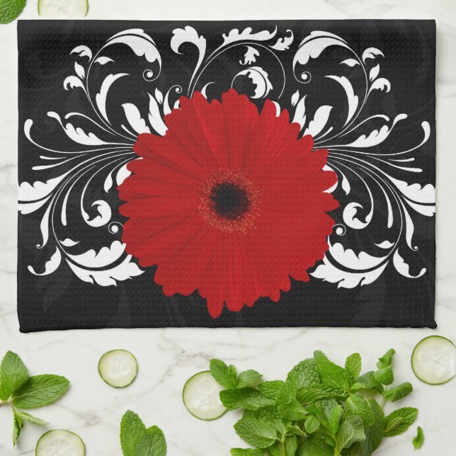 Paño De Cocina Brillante Red Gerbera Daisy sobre negro (Doblado)
