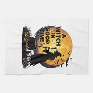 Paño De Cocina Bruja Buen Tiempo Halloween Luna Caldero_1