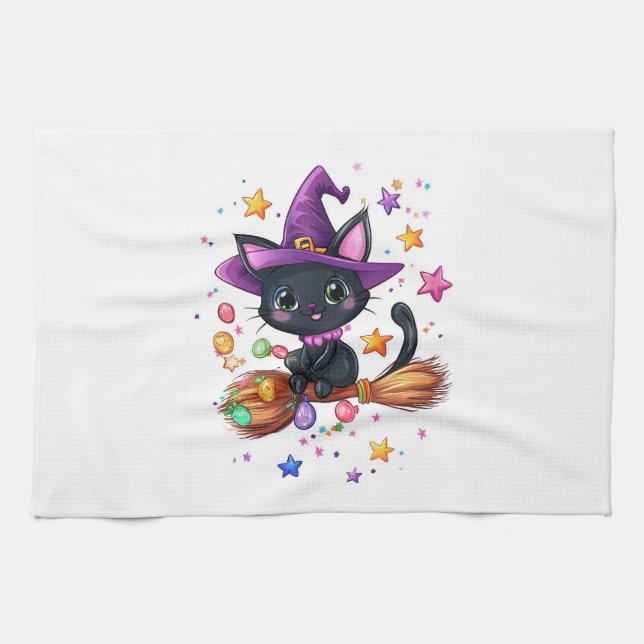 Paño De Cocina Bruja de Gatos de Dulce (Horizontal)