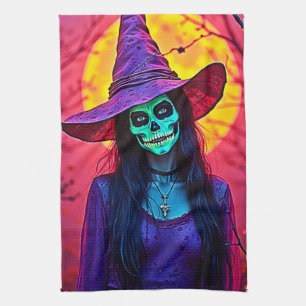 Paño De Cocina Bruja de Halloween con diseño de cara de cráneo