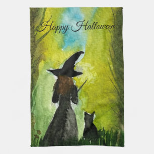 Paño De Cocina Bruja de Halloween Gato Negro Mujer Hechizos