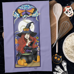 Paño De Cocina Bruja de Otoño Art Nouveau Calabazas Luna Púrpura