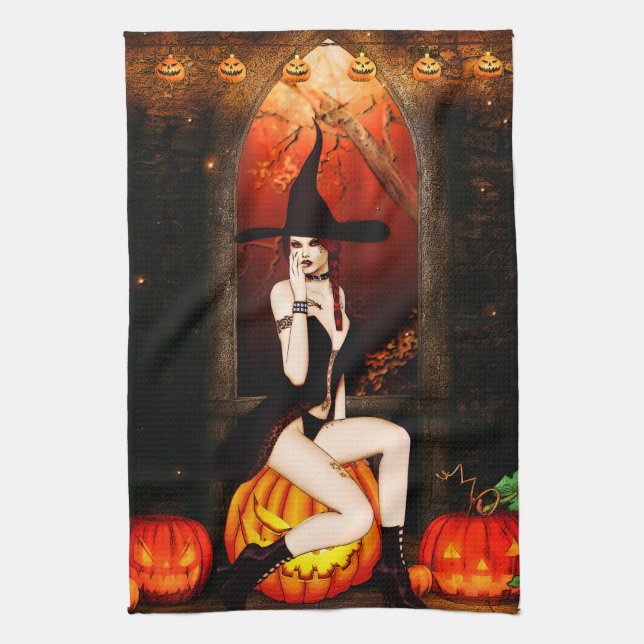 Paño De Cocina Bruja del trono de calabaza (Vertical)