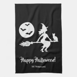 Paño De Cocina Bruja En Escoba Blanco Y Negro Feliz Halloween