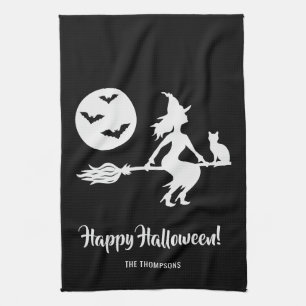 Paño De Cocina Bruja En Escoba Blanco Y Negro Feliz Halloween