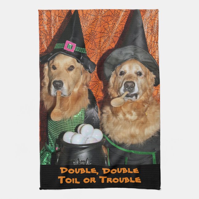 Paño De Cocina Brujas de Halloween del golden retriever (Vertical)