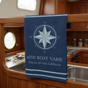 Paño De Cocina Brújula Náutica Azul con Nombre de Barco Personali