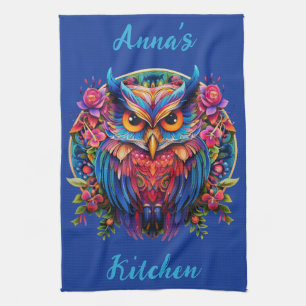 Paño De Cocina Búho Vibrante - Boho Colorido con Nombre Personali