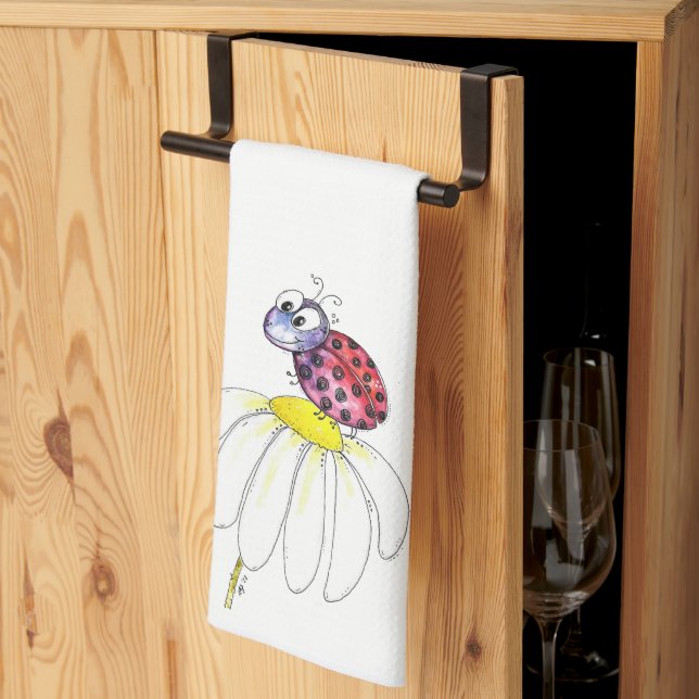 Paño De Cocina Buitre caprichoso rojo en una flor blanca (Pliegue de tercios)