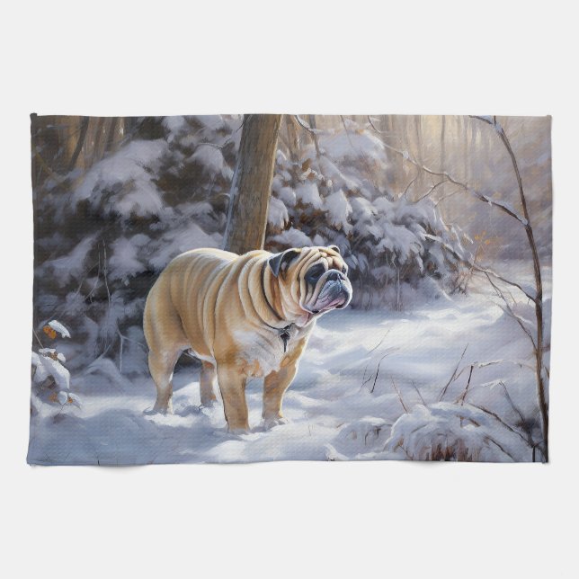 Paño De Cocina Bulldog Dejar Que Nieva Navidades Cepillado (Horizontal)