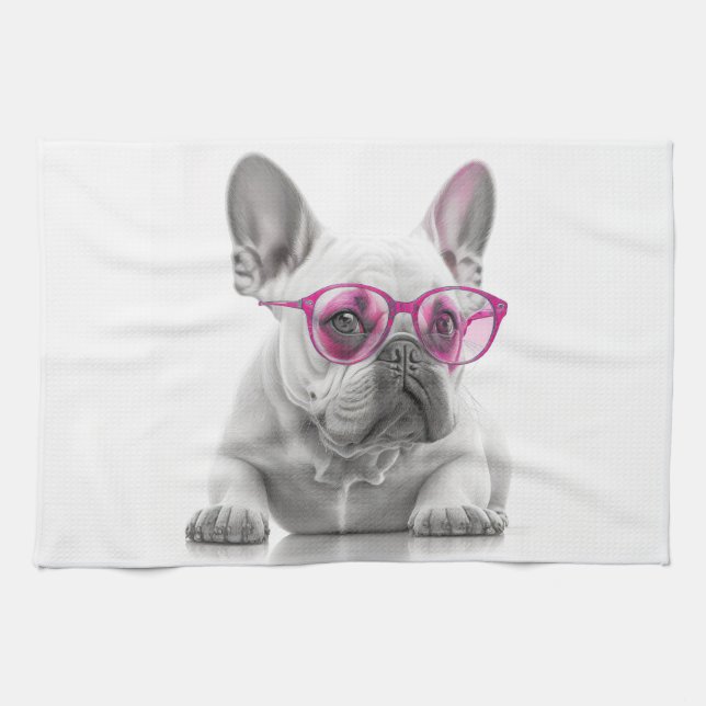 Paño De Cocina Bulldog francés con gafas rosadas (Horizontal)