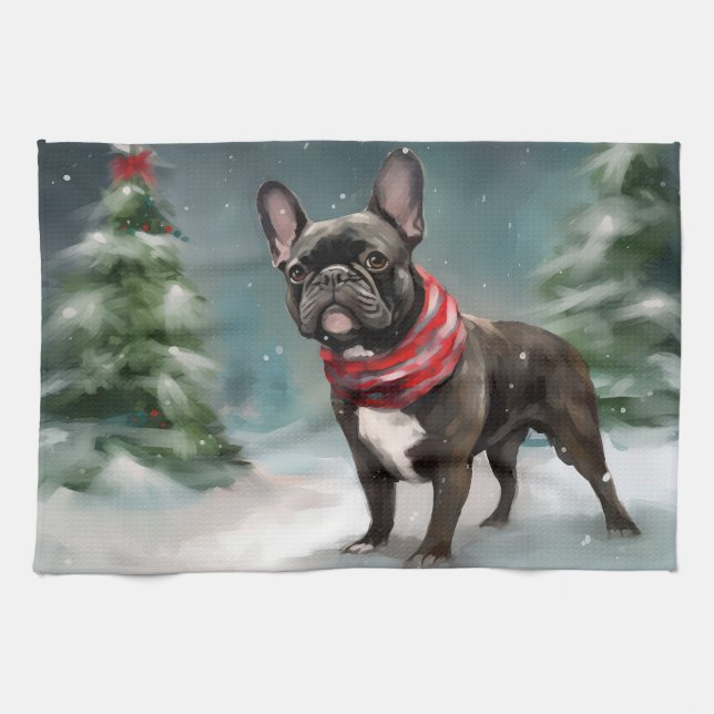 Paño De Cocina Bulldog francés en Navidades de nieve (Horizontal)
