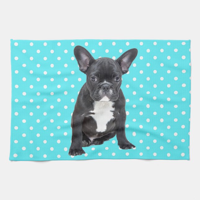 Paño De Cocina Bulldog francés lindo con puntos de polka azul (Horizontal)