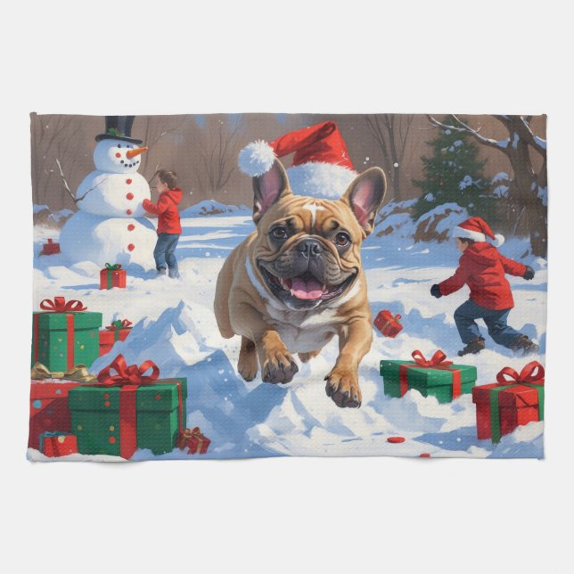 Paño De Cocina Bulldog francés postula en nieve con Gorra Navidad (Horizontal)