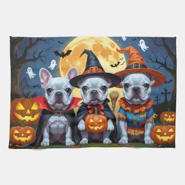 Paño De Cocina Bulldoges franceses Calabaza Halloween Divertido (Horizontal)