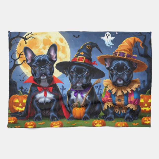 Paño De Cocina Bulldoges franceses negros Calabaza Halloween Funn (Horizontal)