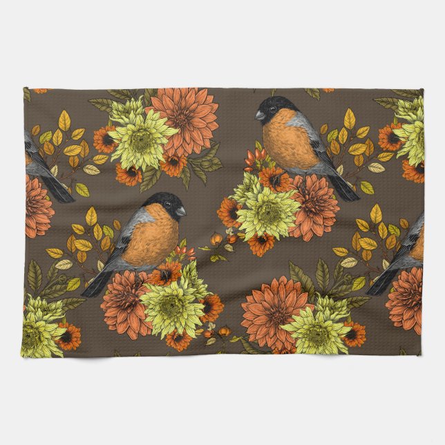 Paño De Cocina Bullfinch en florales otoñales (Horizontal)