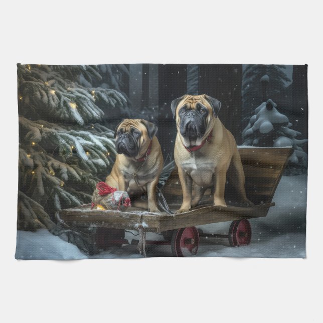 Paño De Cocina Bullmastiff Decoración de Navidades Snowy Sleigh (Horizontal)
