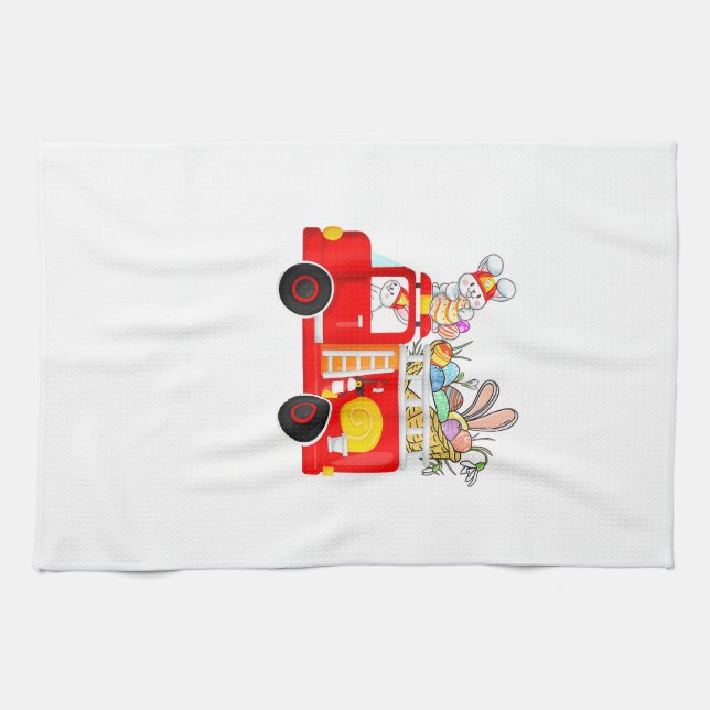 Paño De Cocina Bunny Riding Firetruck Easter Day Firefighter Happ (Horizontal)