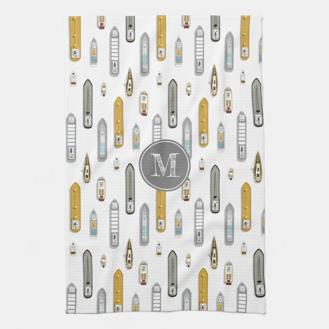 Paño De Cocina Buques náuticos Monograma sobre el río blanco con (Vertical)