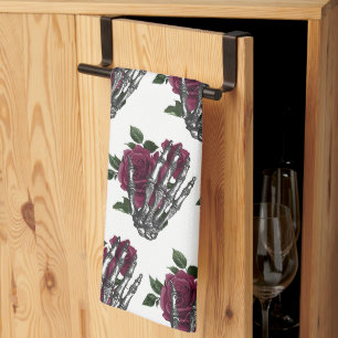 Paño De Cocina Burgundy Floral Esqueleto Mano Gótico