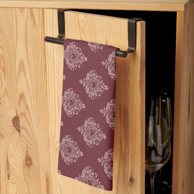 Paño De Cocina Burgundy Heart Damask Kitchen Towels (Pliegue de tercios)