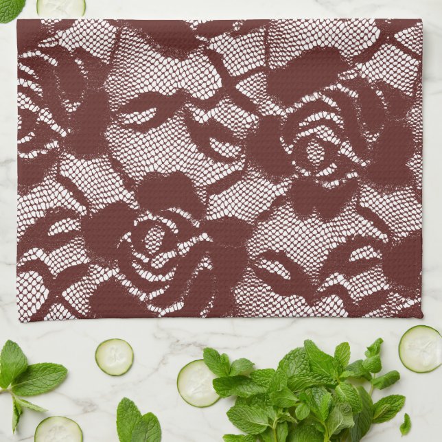 Paño De Cocina Burgundy Red Lace Floral (Doblado)
