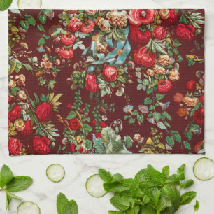 Paño De Cocina Burgundy Rojo Floral Chintz Jardín de Campo 