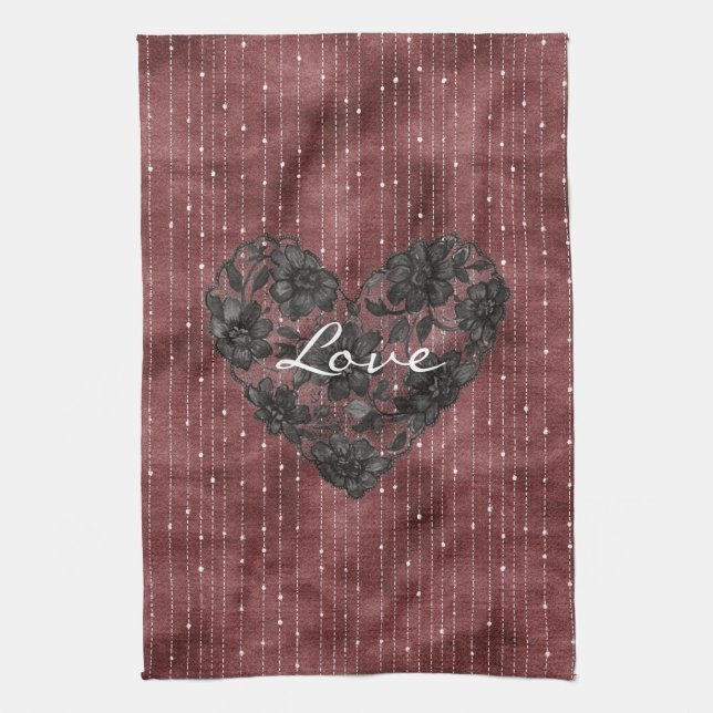 Paño De Cocina Burgundy Stripes Black Faux Lace Floral Heart  (Vertical)