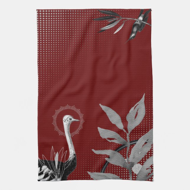 Paño De Cocina Burgundy y Gray Artistic Watercolour Deja Ostrich (Vertical)
