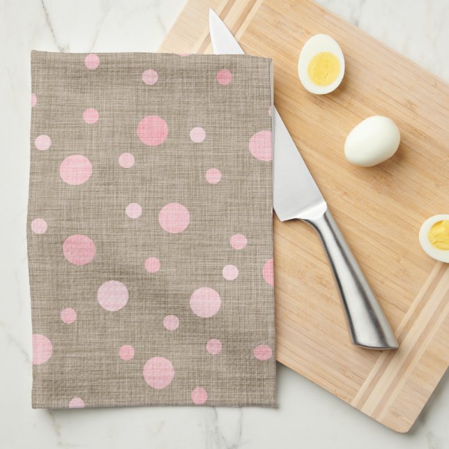 PAÑO DE COCINA BURLAP MARRÓN CON SOMBRAS DE PUNTOS DE POLKA ROSA (Doblado Cuarto)