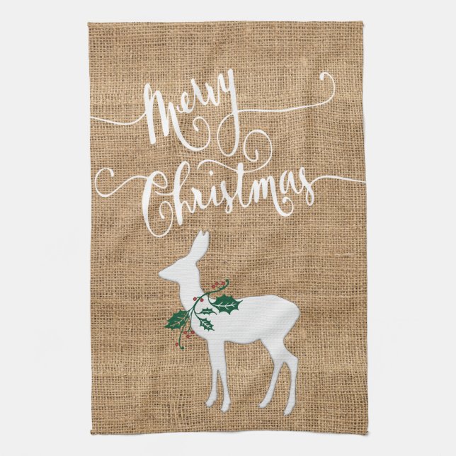 Paño De Cocina Burlap Textura Feliz Navidad con renos (Vertical)