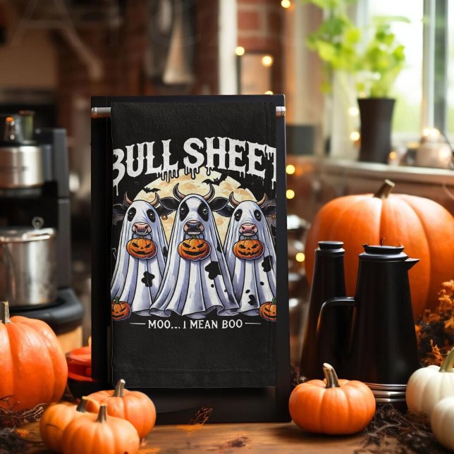Paño De Cocina Burlas divertidas de Halloween con hojas de toro (Funny Halloween Bull Sheet moo bulls Kitchen Towel)