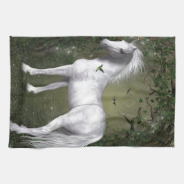 Paño De Cocina Caballo blanco en los bosques con colibríes