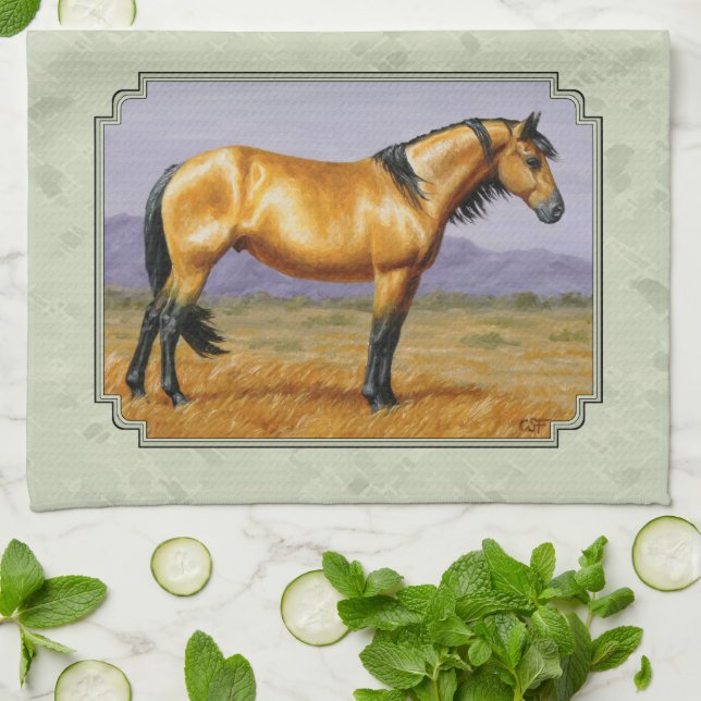 Paño De Cocina Caballo Buckskin Mustang Stallion Sage Green (Doblado)
