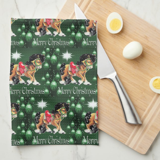 Paño De Cocina Caballo con ornamentos verdes Feliz Navidad verde (Doblado Cuarto)