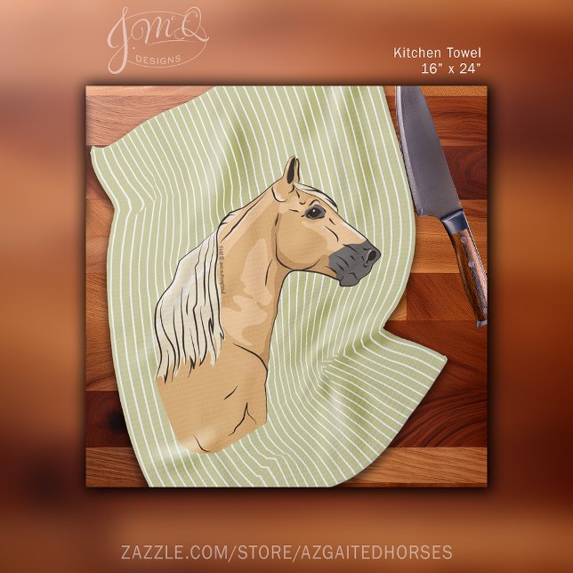 Paño De Cocina Caballo de Caminata Tennessee Se Ganó Palomino Str (Palomino Tennessee Walking Horse illustration with blonde mane on a sage green striped background.)