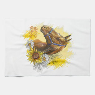 Paño De Cocina Caballo de dibujo manual con plantas y flores