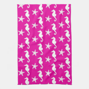 Paño De Cocina Caballo de mar y pez estrella - blanco en rosa fuc