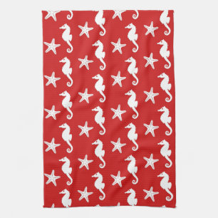 Paño De Cocina Caballo de mar y pez estrella - rojo y blanco de c