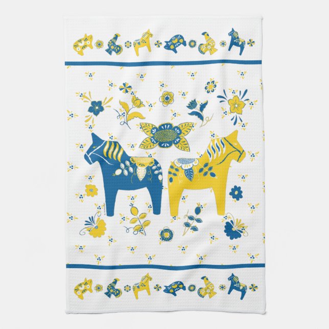 Paño De Cocina Caballo folk dala sueco l azul y amarillo (Vertical)
