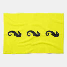 Paño De Cocina Caballo marino oceánico negro sobre amarillo