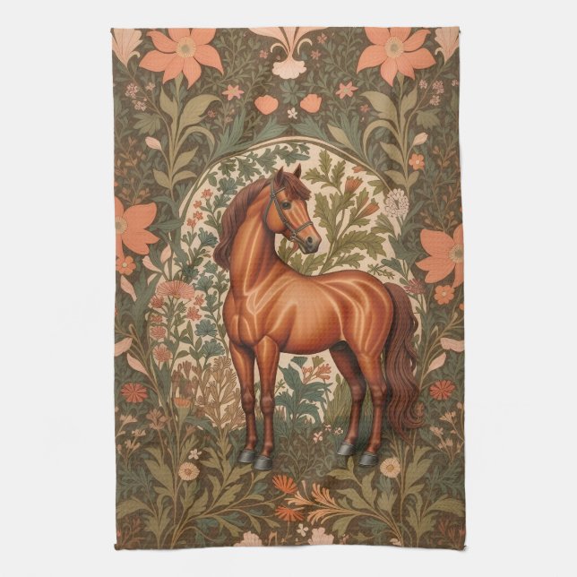Paño De Cocina Caballo Marrón Hermoso Inspirado en William Morris (Vertical)