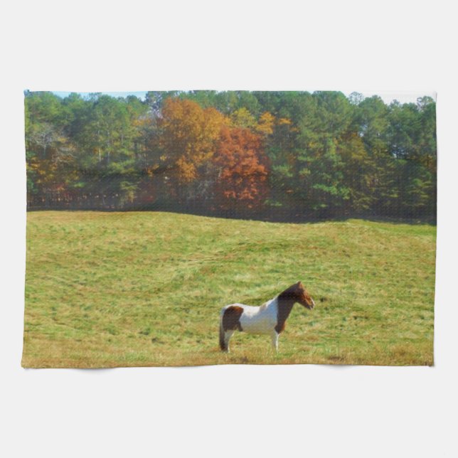 Paño De Cocina Caballo marrón y blanco, árboles de otoño, cielo a (Horizontal)