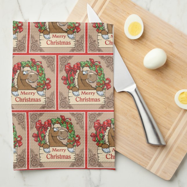 Paño De Cocina Caballo personalizado con Rótulo navideño de flor (Doblado Cuarto)