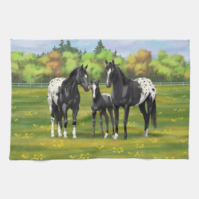 Paño De Cocina Caballos Appaloosa Negros En Pastel De Verano (Horizontal)