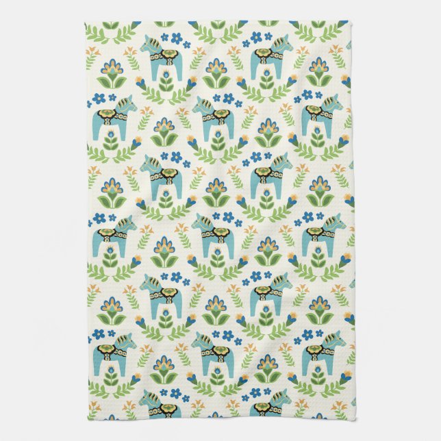 Paño De Cocina Caballos de dala suecos Verde azulados (Vertical)