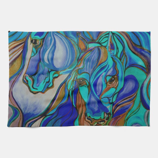 Paño De Cocina Caballos salvajes en marrón y Verde azulado (Horizontal)