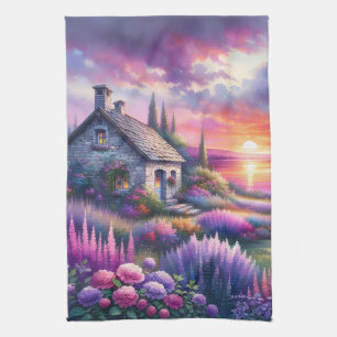 Paño De Cocina Cabaña Atardecer Pastel Jardín junto al Lago Paisa
