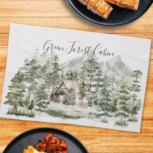 Paño De Cocina Cabaña de acuarela en el bosque verde de pinos